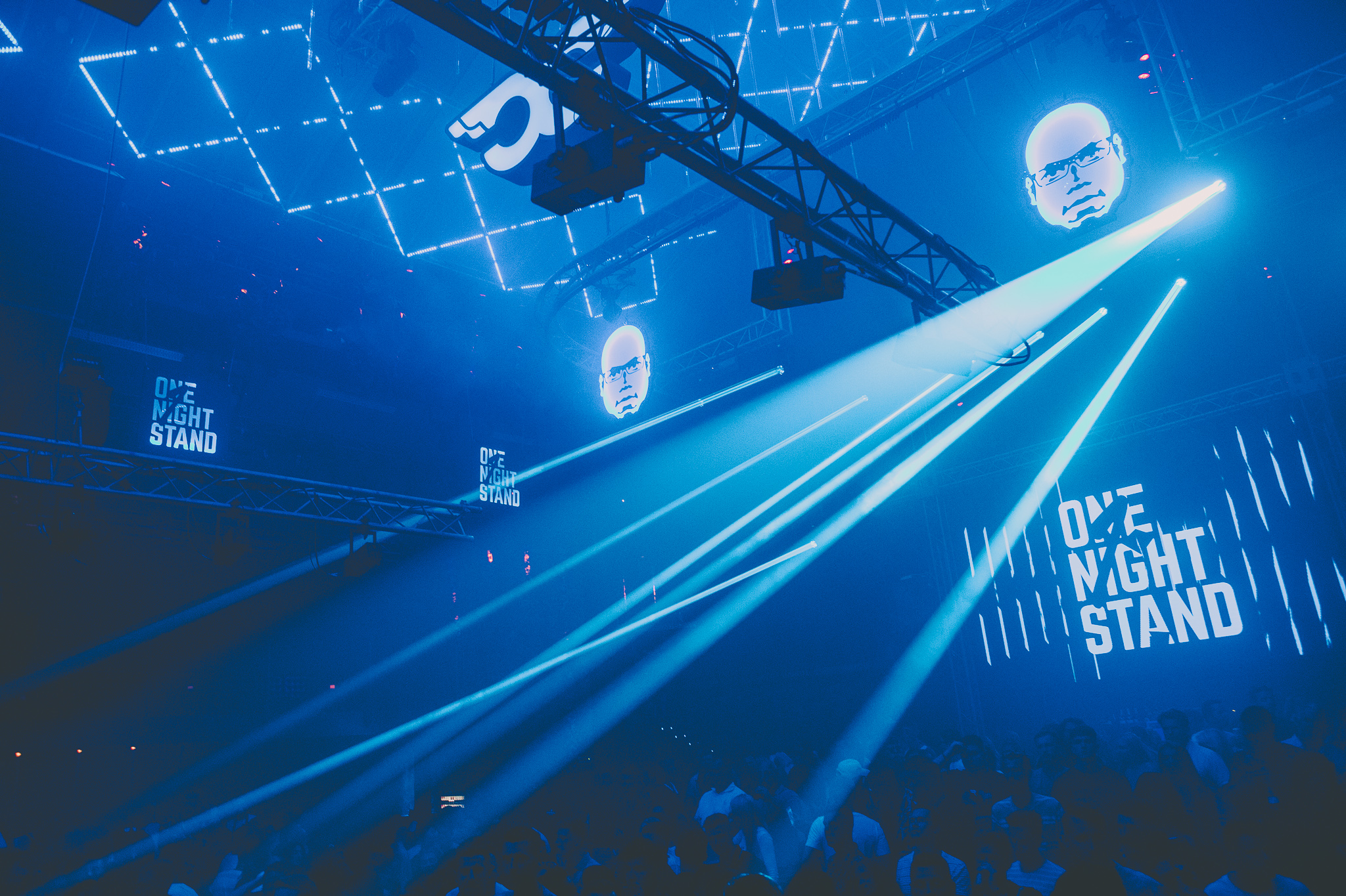 One Night Stand event production with dramatic blue lighting